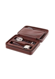 Safeguard your precious timepieces on the go with our compact, brown synthetic leather travel case, designed to hold up to 4 watches with a diameter of up to 50mm each. This lightweight case, weighing just 0.27kg, comes with 2 protective pads for extra security for your metallic bracelet watches. With its perfect dimensions, it's the ultimate travel companion for watch enthusiasts.