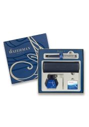 Plniace pero Waterman Expert Made in France DLX Blue CT v darčekovej krabičke s puzdrom, atramentom, konvertorom a náplňami.