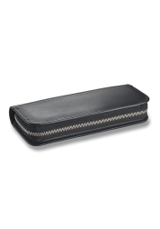 Experience the perfect blend of style and functionality with the A 403 Leather Case for 2 pens in black. This luxurious black leather Lamy case, with its polished chrome zipper, promises secure storage for your pens while offering extra slots for cards and small notes. A must-have accessory for those who appreciate elegance and organization in one exquisite package.