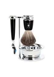 Experience the ultimate fusion of tradition and quality with the Rytmo Set 4 Black Pure Badger Fusion. This 4-piece wet shaving gift set crafted from premium materials ensures a precise and comfortable shave every time. Its timeless design and luxurious appearance make it a must-have addition to your grooming routine and bathroom decor.