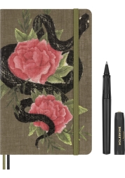 Moleskine Snake Roses set is an award-winning collector's edition that combines an elegant L-sized notebook with a Kaweco ballpoint pen. Inspired by the zodiac sign of the Snake, it features a unique design with snake and rose motifs. This luxurious gift-boxed set is the perfect companion for recording your thoughts and ideas.