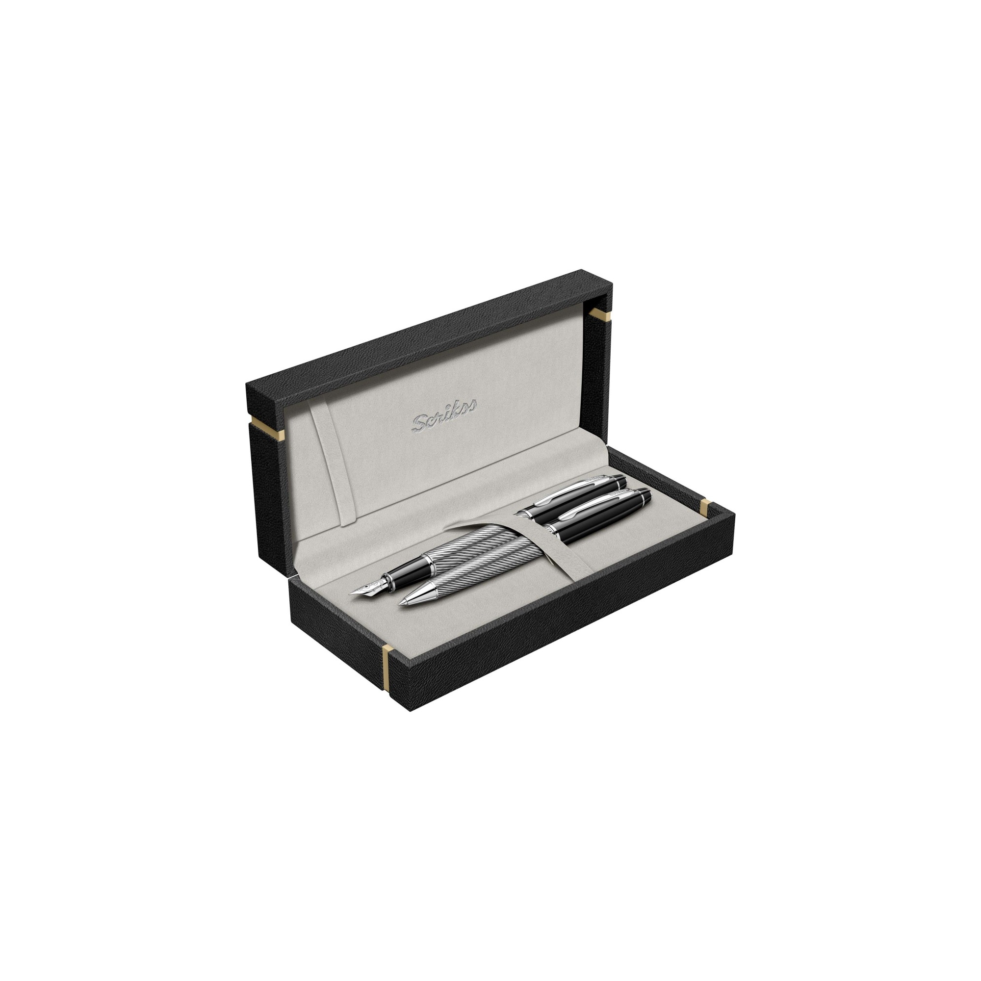 Scrikss - Noble Black Chrome Spiral Ct Fountain And Ballpoint Pen Gift Set Medium (m)