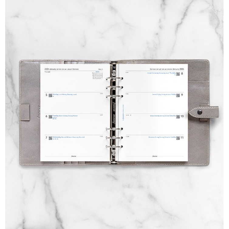 Kalenderopfyldning til uge på to sider A5 2026 flersproget Filofax - 2