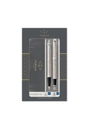 Elevate your signature with this elegant Parker IM Stainless Steel CT Duo Set, featuring a sleek fountain pen and ballpoint pen. Designed exclusively for Quink ink cartridges, the fountain pen boasts a dual feed system and medium nib, while the ballpoint pen impresses with a push mechanism. Both pens are crafted from brushed stainless steel, making this set the perfect gift for connoisseurs of refined writing tools.